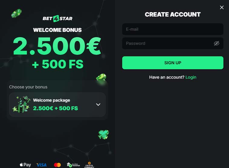 Bet4star casino signup screenshot