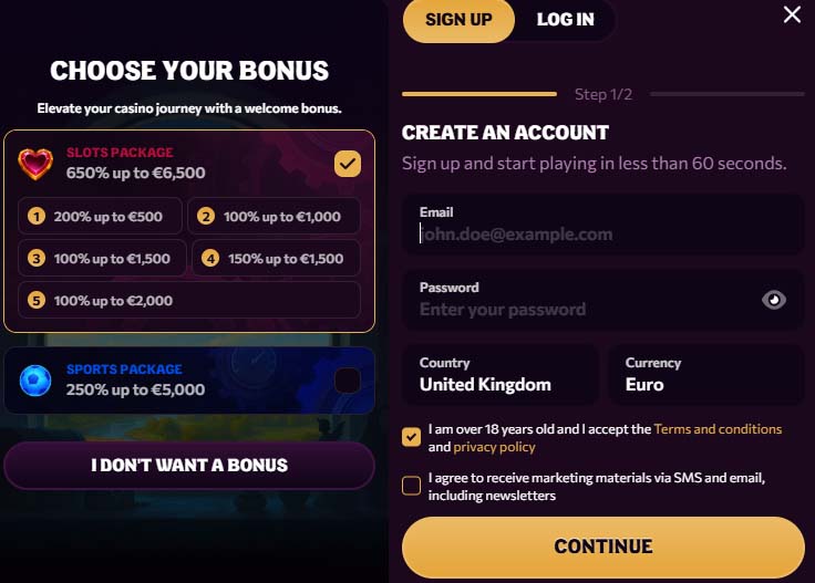 Chanze Casino signup screenshot