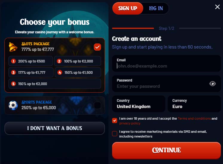 Dracula Casino signup screenshot