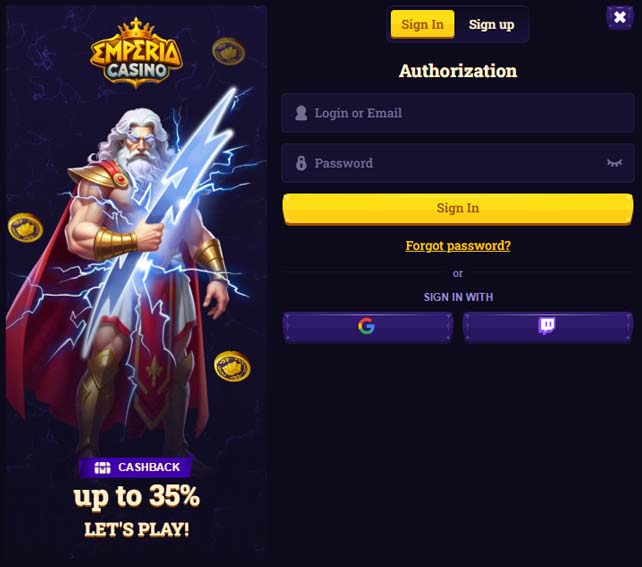 Emperia casino login screenshot