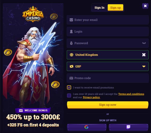 Emperia casino signup screenshot