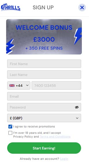 MrtThrills casino signup screenshot
