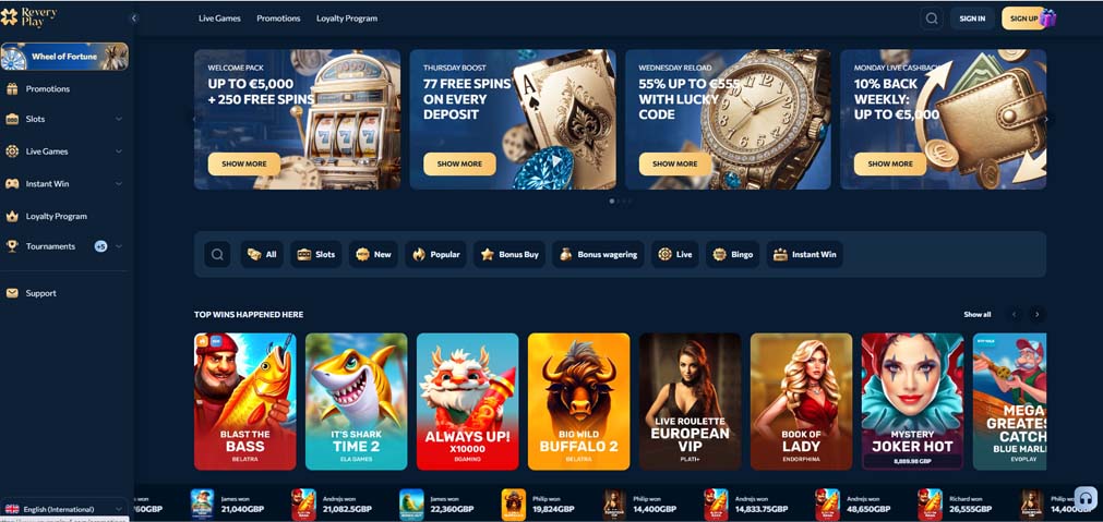 ReveryPlay Casino main page screenshot