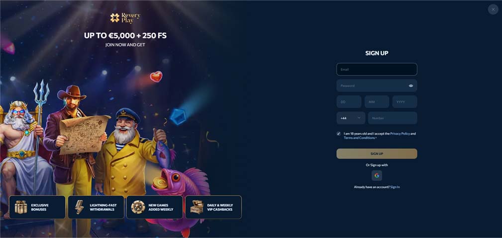ReveryPlay Casino signup screenshot