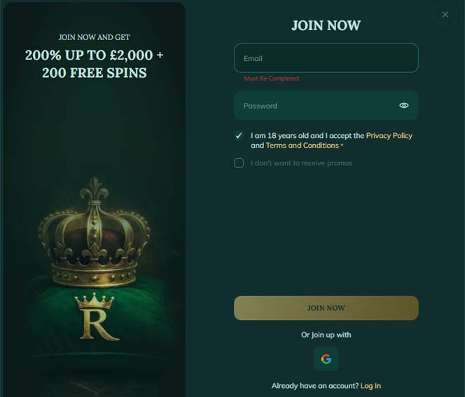 Royalen casino signup screenshot
