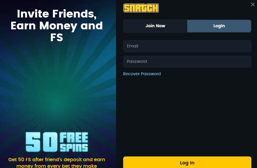 Snatch Casino login screenshot