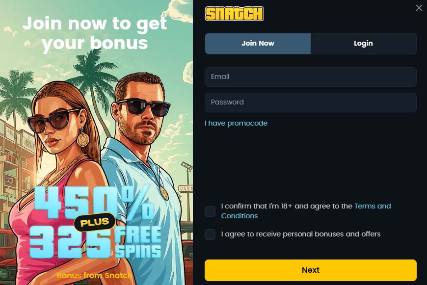 Snatch Casino signup screenshot
