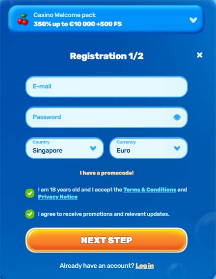 Spinfin casino signup screenshot