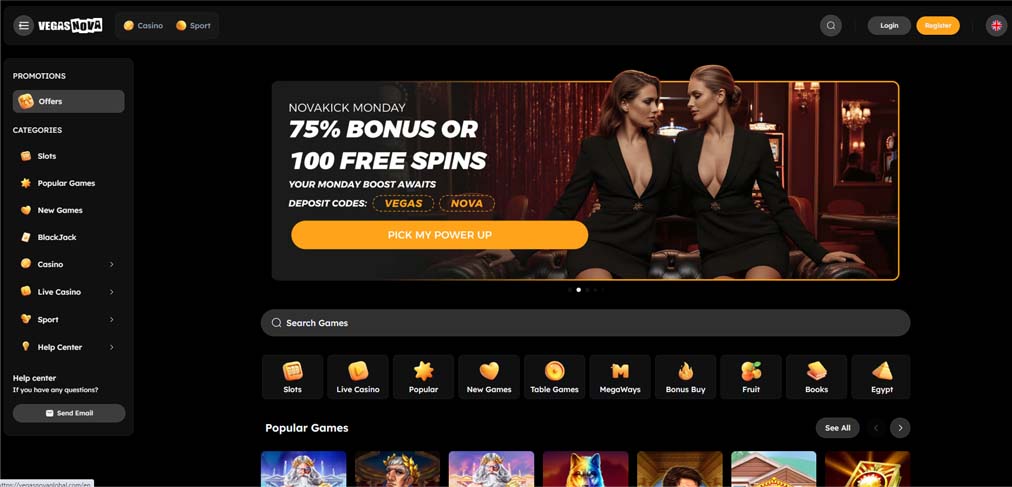 Vegasnova Casino main page screenshot