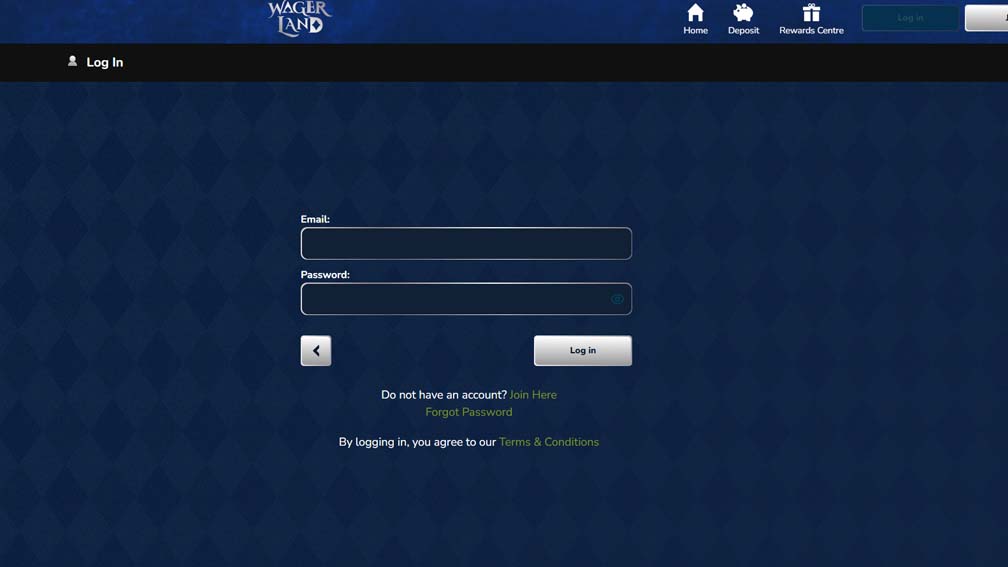 WagerLand Casino login page screenshot