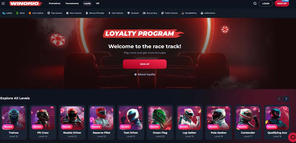 Winorio Casino loyalty program screenshot