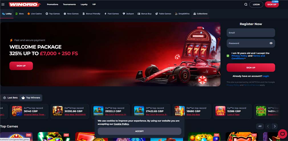 Winorio Casino main page screenshot