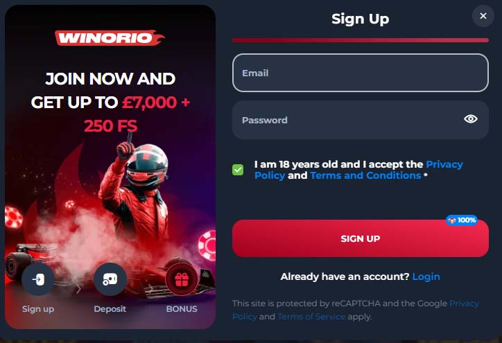Winorio Casino signup screenshot