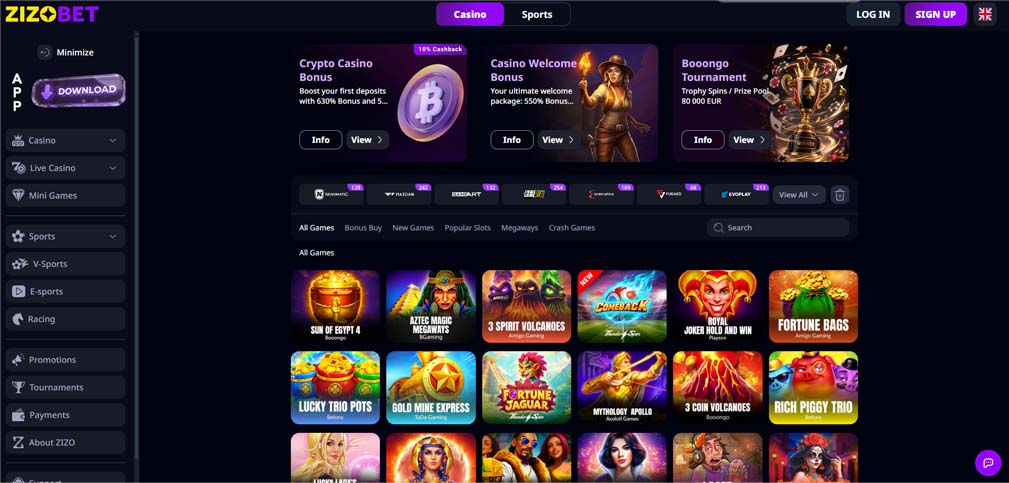 Zizobet casino games screenshot