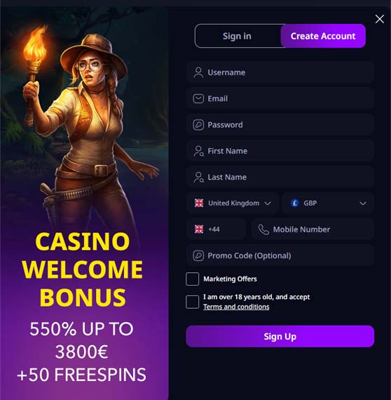 Zizobet casino signup screenshot