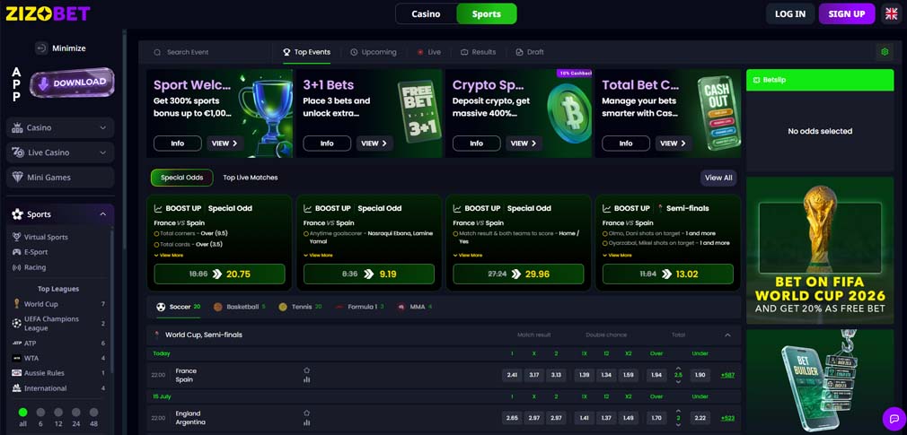 Zizobet casino sportsbook screenshot
